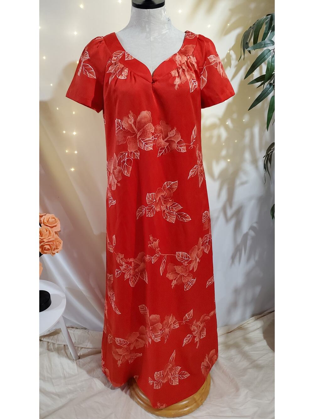 Hilo Hatties Vtg 70s Hawaiian Short Sleeve Tropical Maxi Dress Womens Size M Red